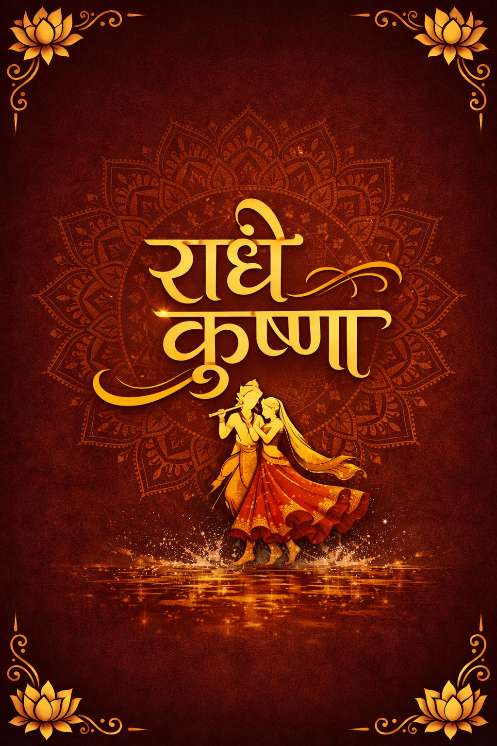 Radhe Krishna text in golden Devanagari calligraphy on dark maroon background with mandala pattern